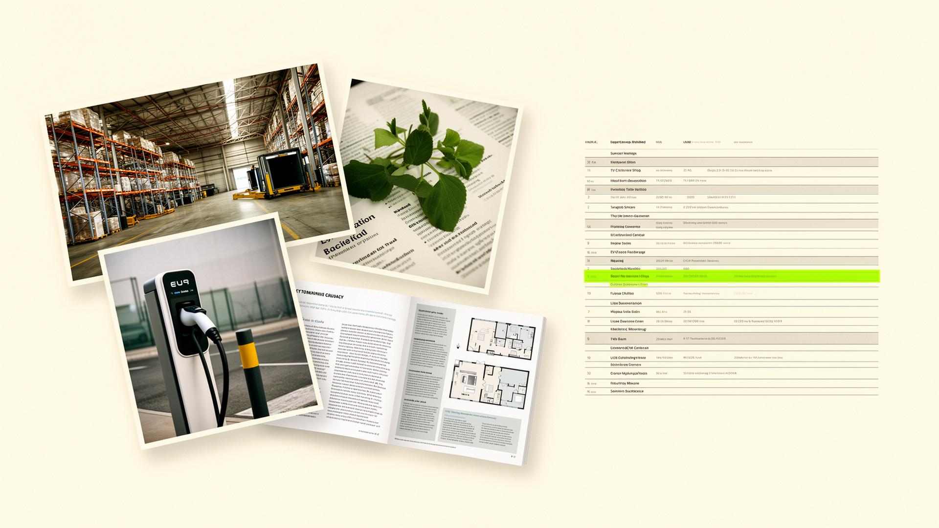 Photos of a warehouse, a plant guide page, an EV charger and a brochure flowing into rows of structured data.